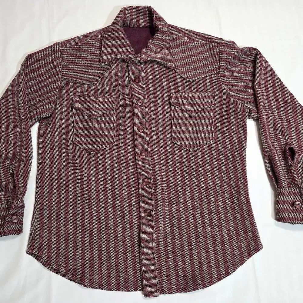 VINTAGE MENS MEDIUM 60'S 70'S POLY HEAVY LS SHIRT WING COLLAR RED BAJA STRIPE